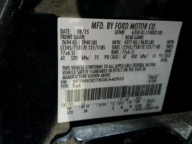 1FT8W3DT6GEA42922 - 2016 FORD F350 SUPER BLACK photo 10