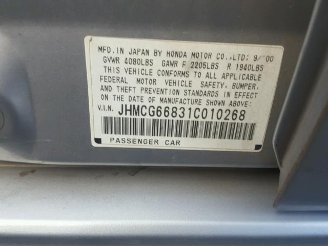 JHMCG66831C010268 - 2001 HONDA ACCORD EX SILVER photo 10