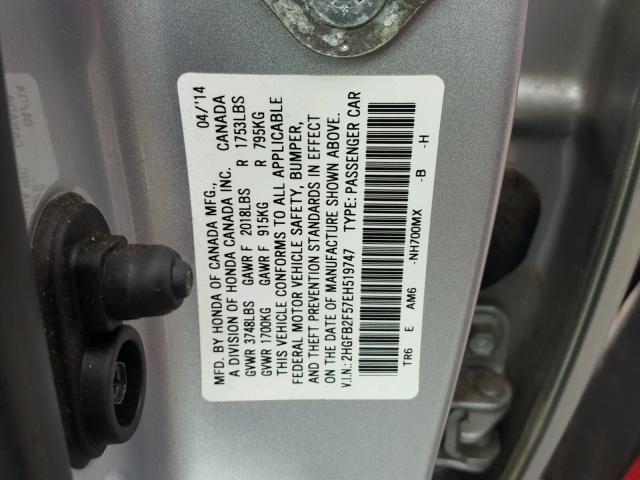 2HGFB2F57EH519747 - 2014 HONDA CIVIC LX SILVER photo 10