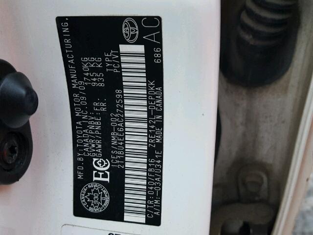 2T1BU4EE6AC272598 - 2010 TOYOTA COROLLA BA WHITE photo 10