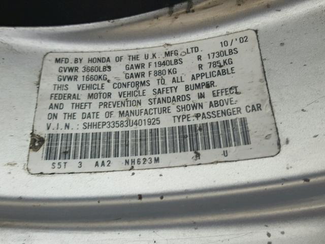 SHHEP33583U401925 - 2003 HONDA CIVIC SI SILVER photo 10