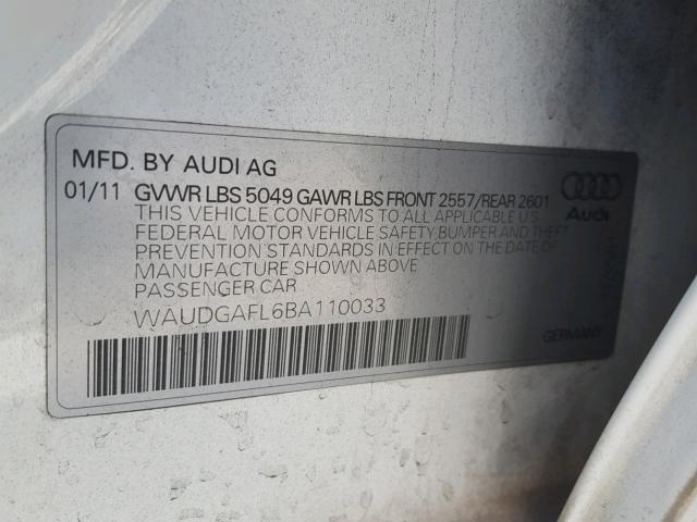 WAUDGAFL6BA110033 - 2011 AUDI S4 PREMIUM WHITE photo 10