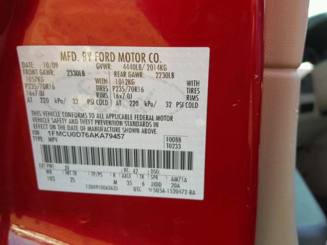 1FMCU0D76AKA79457 - 2010 FORD ESCAPE XLT RED photo 10