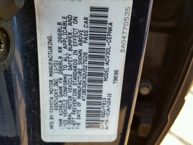 4T1BE32K32U527628 - 2002 TOYOTA CAMRY LE BLUE photo 10