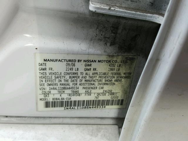 1N4AL11D86N449334 - 2006 NISSAN ALTIMA S WHITE photo 10