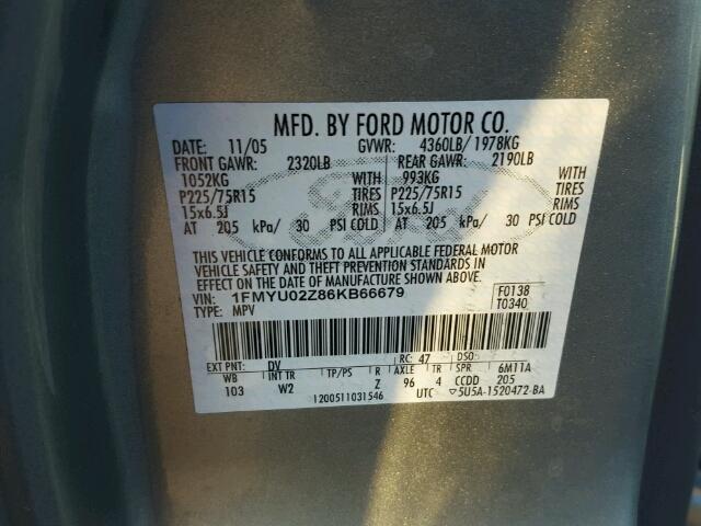 1FMYU02Z86KB66679 - 2006 FORD ESCAPE XLS GREEN photo 10