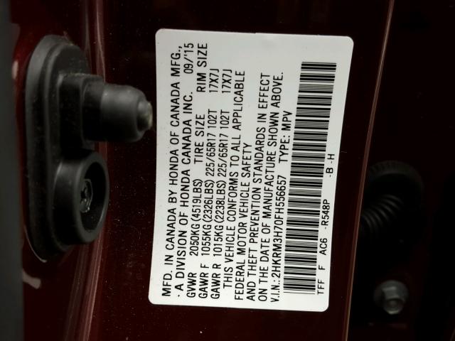 2HKRM3H70FH556657 - 2015 HONDA CR-V EXL RED photo 10