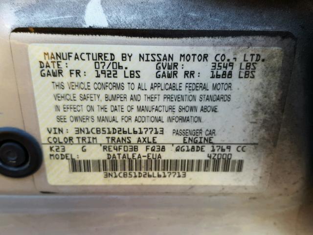 3N1CB51D26L617713 - 2006 NISSAN SENTRA 1.8 SILVER photo 10