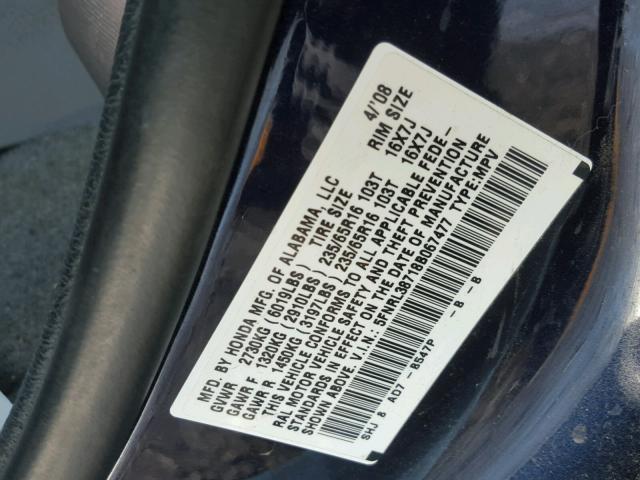 5FNRL38718B067477 - 2008 HONDA ODYSSEY EX BLUE photo 10