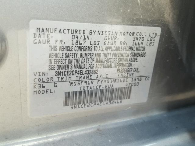 3N1CE2CP4EL432462 - 2014 NISSAN VERSA NOTE GRAY photo 10