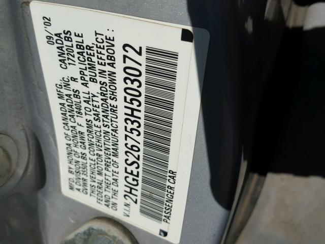 2HGES26753H503072 - 2003 HONDA CIVIC EX SILVER photo 10