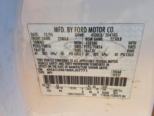 4M2CU56166KJ07771 - 2006 MERCURY MARINER WHITE photo 10