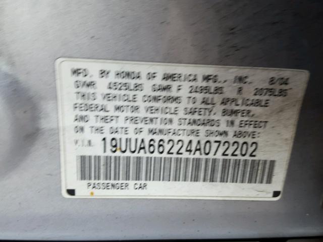 19UUA66224A072202 - 2004 ACURA TL SILVER photo 10