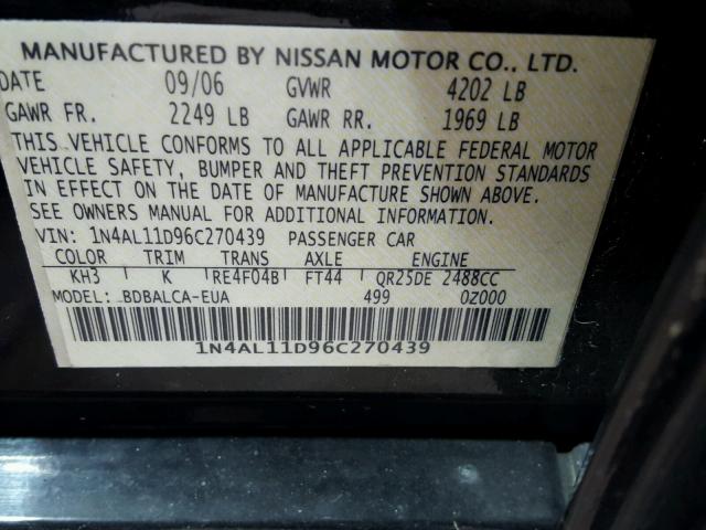 1N4AL11D96C270439 - 2006 NISSAN ALTIMA S BLACK photo 10