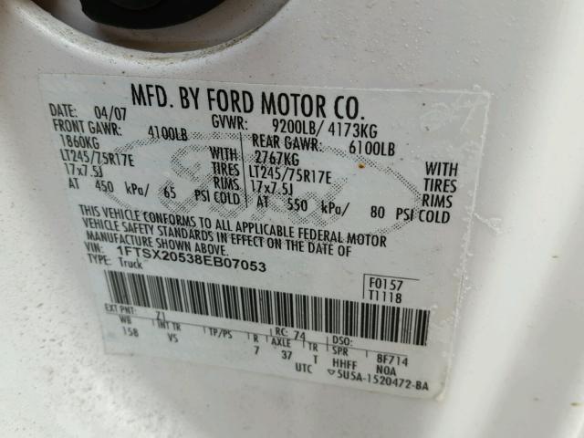 1FTSX20538EB07053 - 2008 FORD F250 SUPER WHITE photo 10