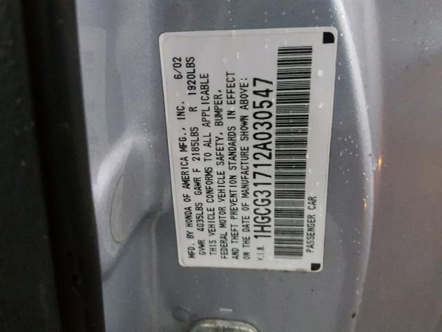 1HGCG31712A030547 - 2002 HONDA ACCORD EX GRAY photo 10