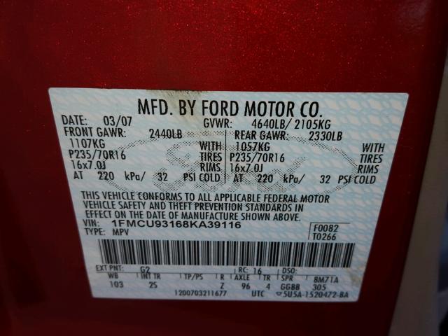 1FMCU93168KA39116 - 2008 FORD ESCAPE XLT RED photo 10