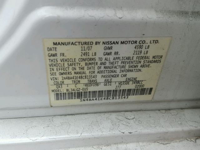 1N4BA41E48C813543 - 2008 NISSAN MAXIMA SE WHITE photo 10