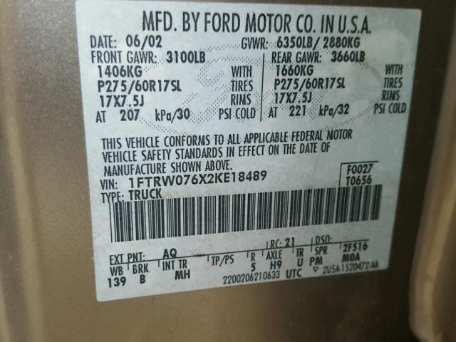 1FTRW076X2KE18489 - 2002 FORD F150 SUPER GOLD photo 10