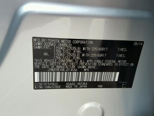 JTMZFREV8EJ014566 - 2014 TOYOTA RAV4 LE SILVER photo 10