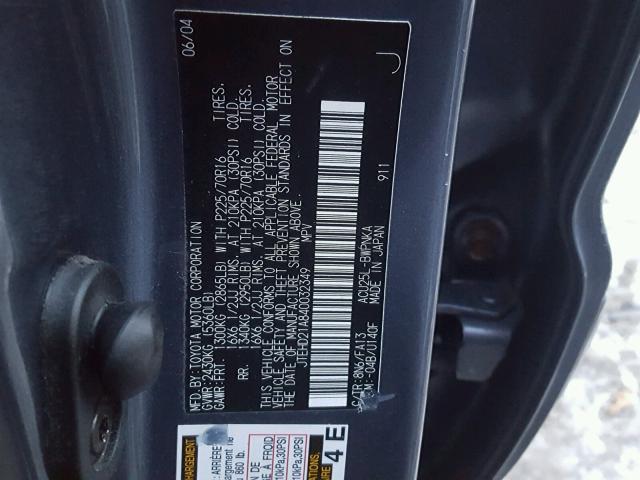 JTEHD21A840032349 - 2004 TOYOTA HIGHLANDER BLUE photo 10