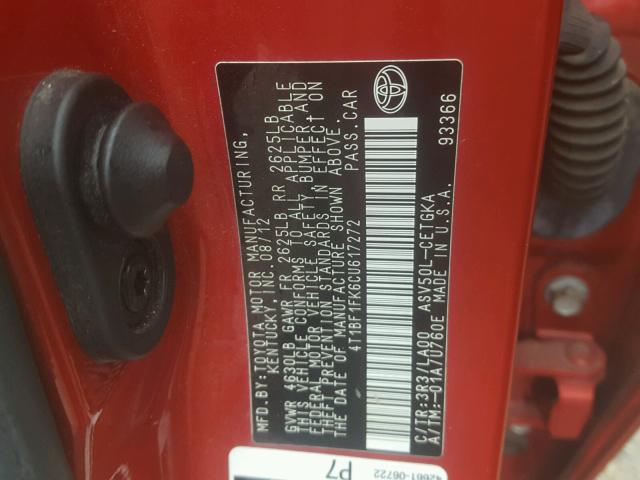 4T1BF1FK6CU617272 - 2012 TOYOTA CAMRY BASE RED photo 10