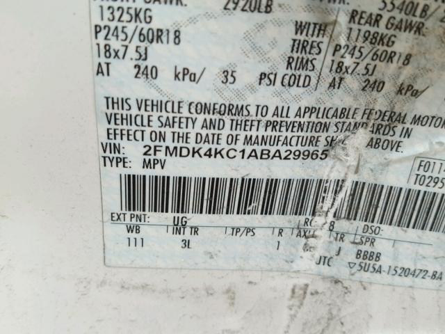 2FMDK4KC1ABA29965 - 2010 FORD EDGE LIMIT WHITE photo 10