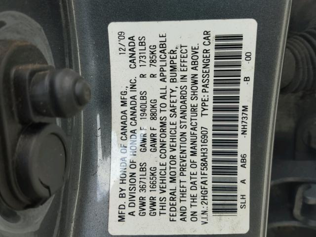 2HGFA1F58AH316907 - 2010 HONDA CIVIC LX CHARCOAL photo 10