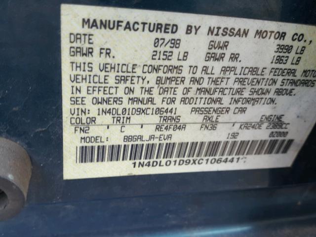 1N4DL01D9XC106441 - 1999 NISSAN ALTIMA XE GREEN photo 10