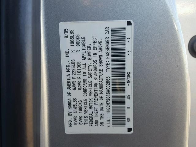 1HGCM72646A002866 - 2006 HONDA ACCORD EX SILVER photo 10