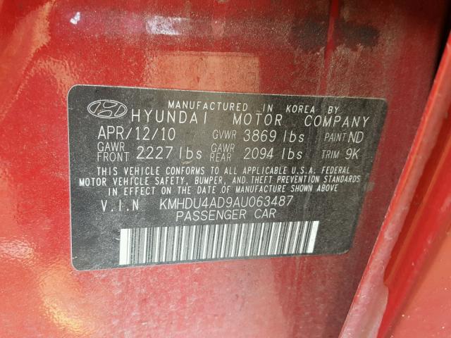 KMHDU4AD9AU063487 - 2010 HYUNDAI ELANTRA BL RED photo 10