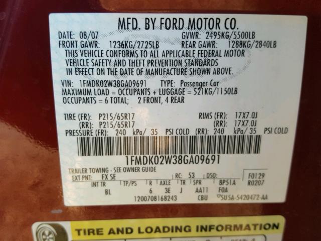 1FMDK02W38GA09691 - 2008 FORD TAURUS X S MAROON photo 10