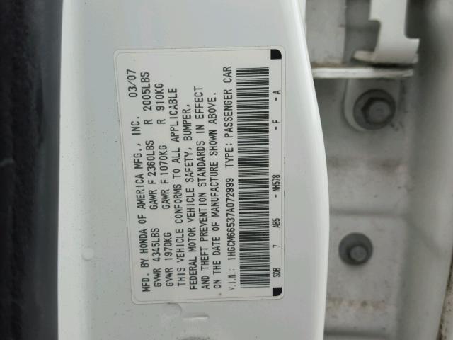 1HGCM66537A072999 - 2007 HONDA ACCORD EX WHITE photo 10