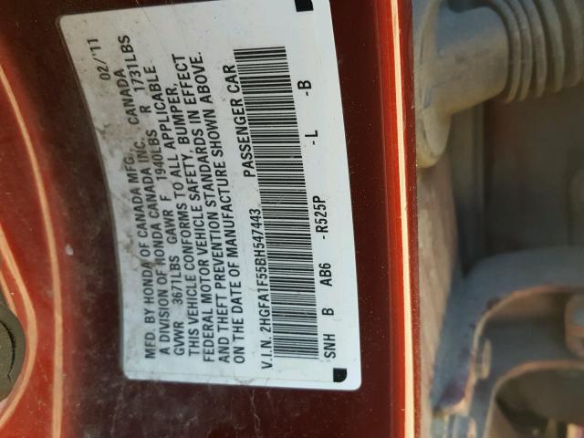 2HGFA1F55BH547443 - 2011 HONDA CIVIC LX RED photo 10