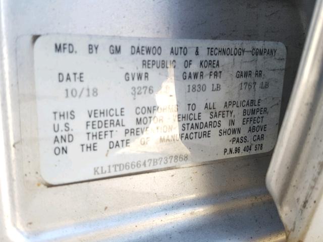 KL1TD66647B737868 - 2007 CHEVROLET AVEO BASE Күміс фото 10