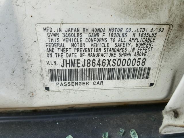 JHMEJ8646XS000058 - 1999 HONDA CIVIC EX WHITE photo 10