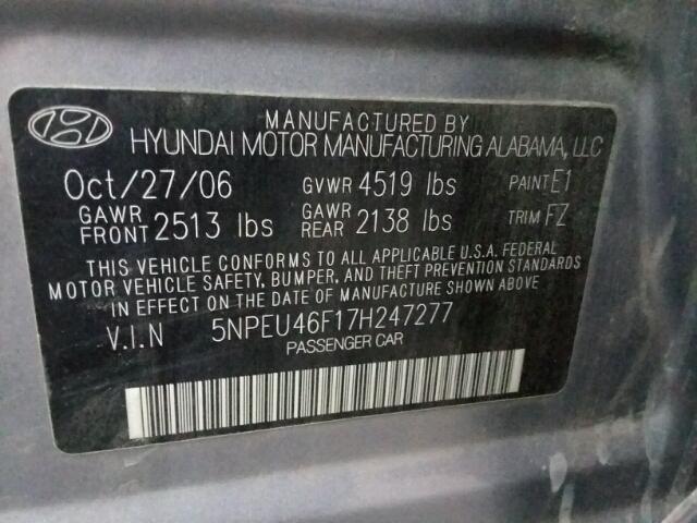 5NPEU46F17H247277 - 2007 HYUNDAI SONATA SE GRAY photo 10