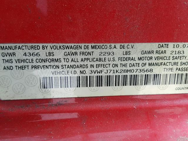 3VWFJ71K28M073568 - 2008 VOLKSWAGEN GLI AUTOBA RED photo 10