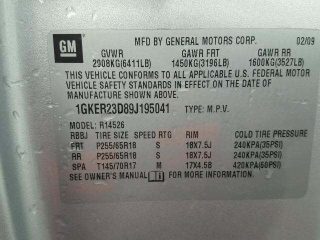 1GKER23D89J195041 - 2009 GMC ACADIA SLT ვერცხლისფერი ფოტო 10