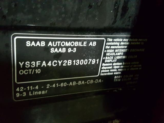 YS3FA4CY2B1300791 - 2011 SAAB 9-3 2.0T BLACK photo 10