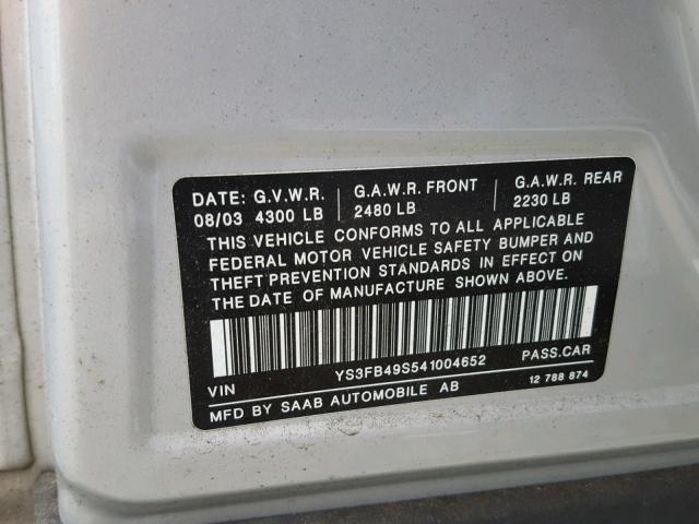 YS3FB49S541004652 - 2004 SAAB 9-3 LINEAR SILVER photo 10