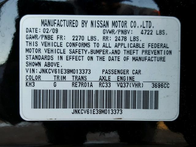 JNKCV61E39M013373 - 2009 INFINITI G37 BASE BLACK photo 10