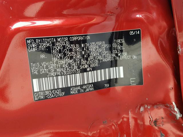 JTMDFREV3ED077132 - 2014 TOYOTA RAV4 LIMIT RED photo 10