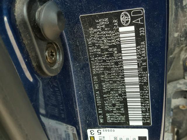 2T1BR32E76C635949 - 2006 TOYOTA COROLLA CE BLUE photo 10