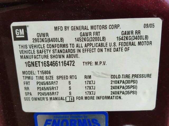 1GNET16S466116472 - 2006 CHEVROLET TRAILBLAZE MAROON photo 10