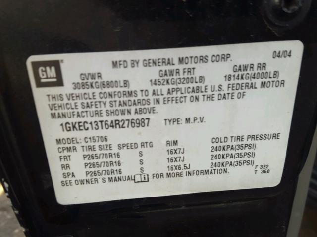 1GKEC13T64R276987 - 2004 GMC YUKON BLACK photo 10