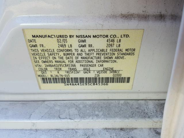 1N4BA41E95C845366 - 2005 NISSAN MAXIMA SE WHITE photo 10