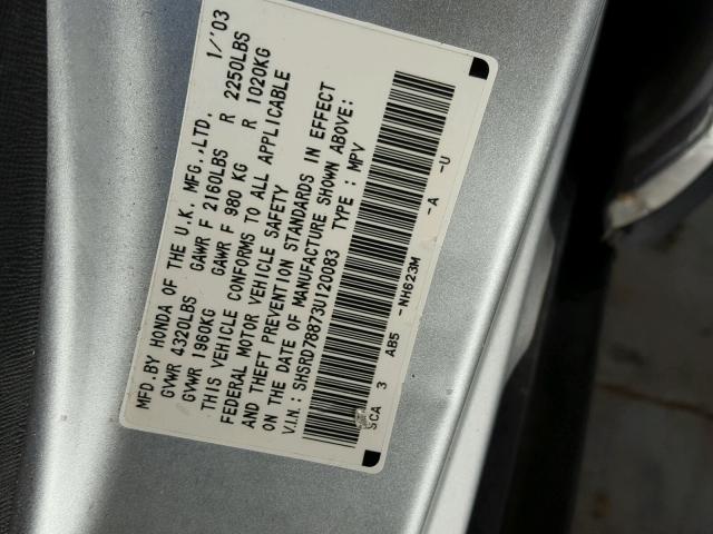 SHSRD78873U120083 - 2003 HONDA CR-V EX ვერცხლისფერი ფოტო 10