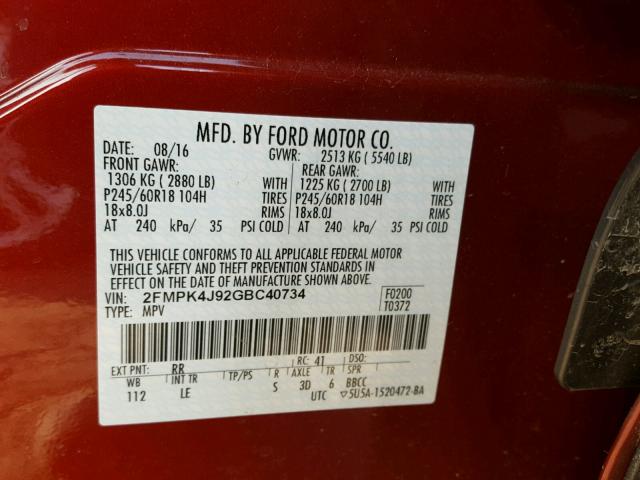 2FMPK4J92GBC40734 - 2016 FORD EDGE SEL RED photo 10