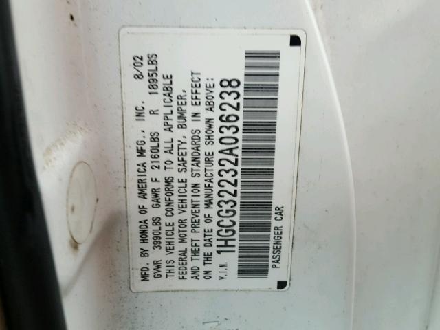 1HGCG32232A036238 - 2002 HONDA ACCORD SE WHITE photo 10